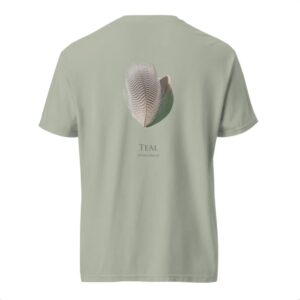 Screenshot Green T-shirt with teal duck feather design.