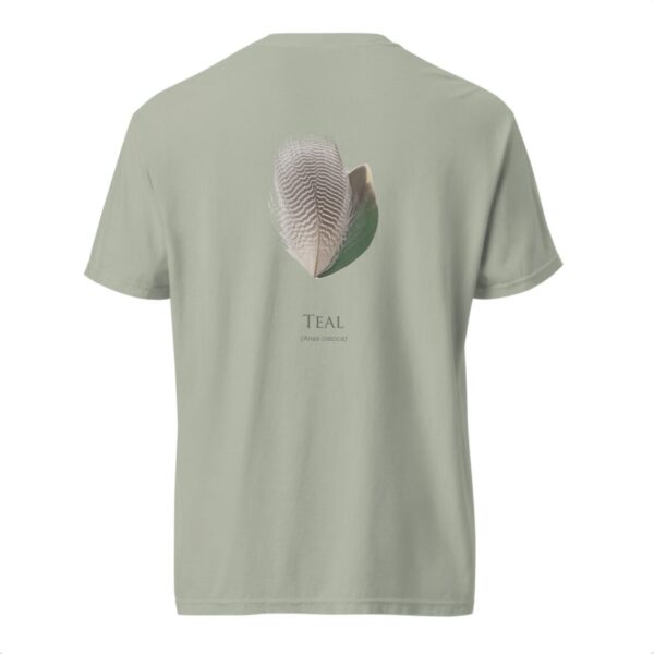 Screenshot Green T-shirt with teal duck feather design.