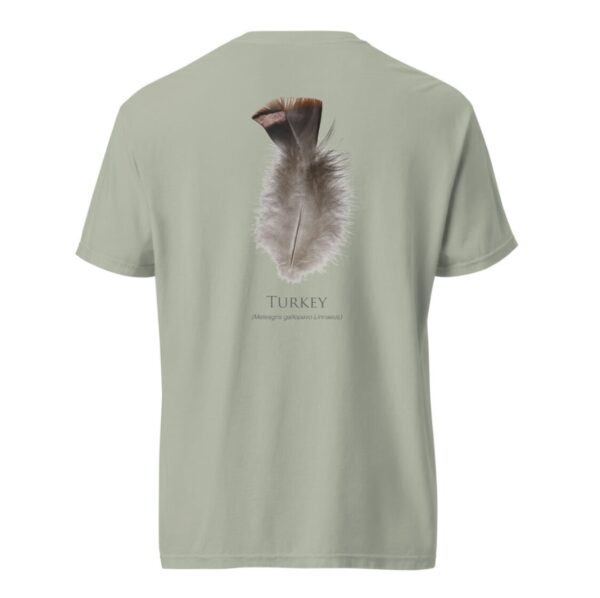 Screenshot Green t-shirt with turkey feather design.
