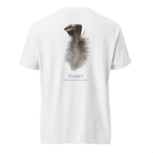 White shirt with turkey feather design.