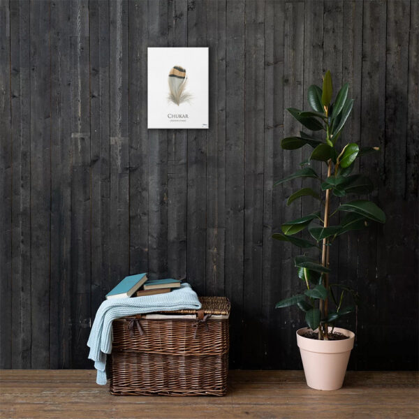 pinion_canvas_artWall Feather artwork, wicker basket, plant in modern room.