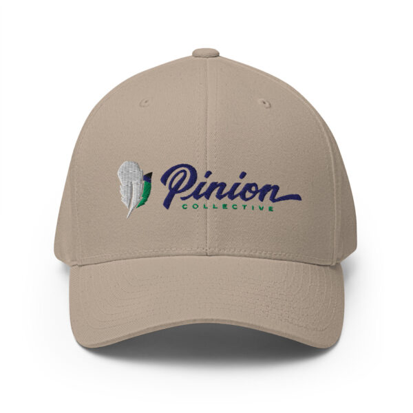closed-back-structured-cap-khaki-front-6827ff18125d1.jpg Beige hat featuring Pinion Collective logo.