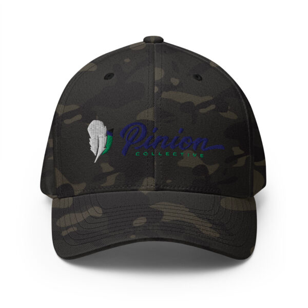 closed-back-structured-cap-multicam-black-front-6827ff180ae9f.jpg Camouflage hat with embroidered Pinion Collective logo.