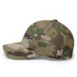 Camouflage baseball cap with blue embroidered logo.