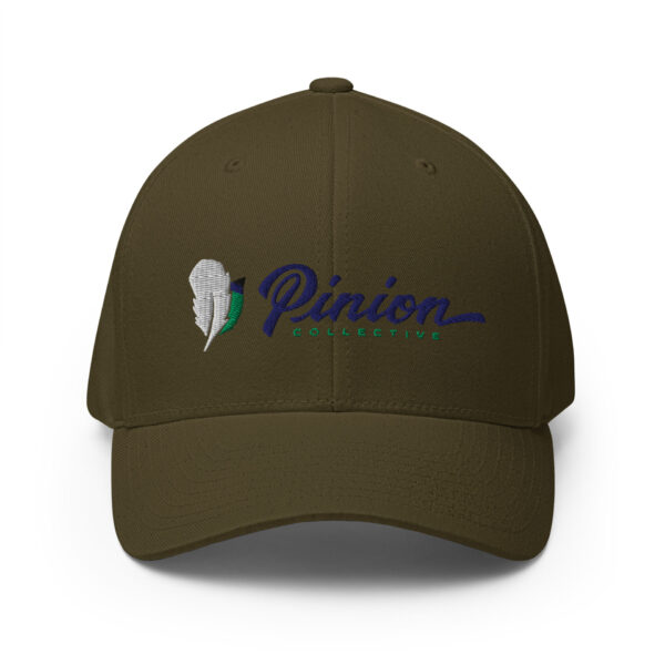 closed-back-structured-cap-olive-front-6827ff180cc23.jpg Olive cap with Pinion Collective logo.