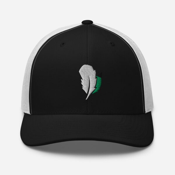 retro-trucker-hat-black-white-front-6827fdd5be710.jpg Black and white cap with feather design.