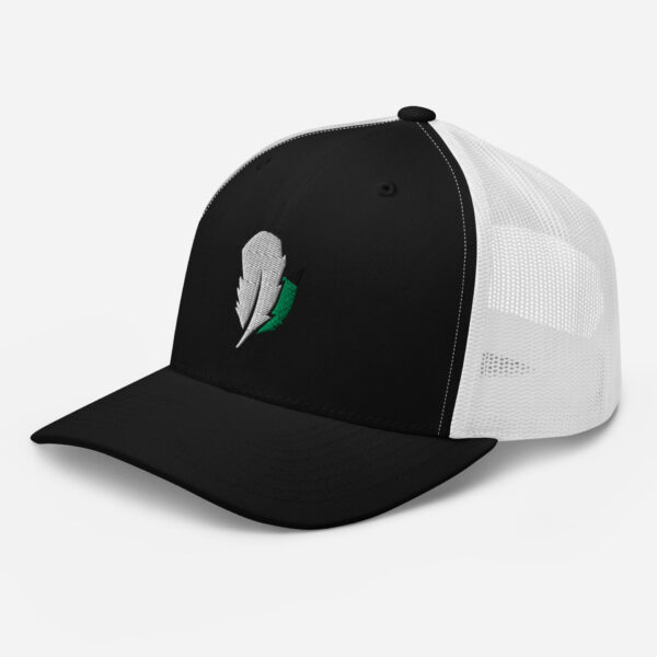 retro-trucker-hat-black-white-left-front-6827fdd5beab6.jpg Black and white trucker hat with feather logo.