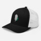 Black and white trucker hat with feather logo.