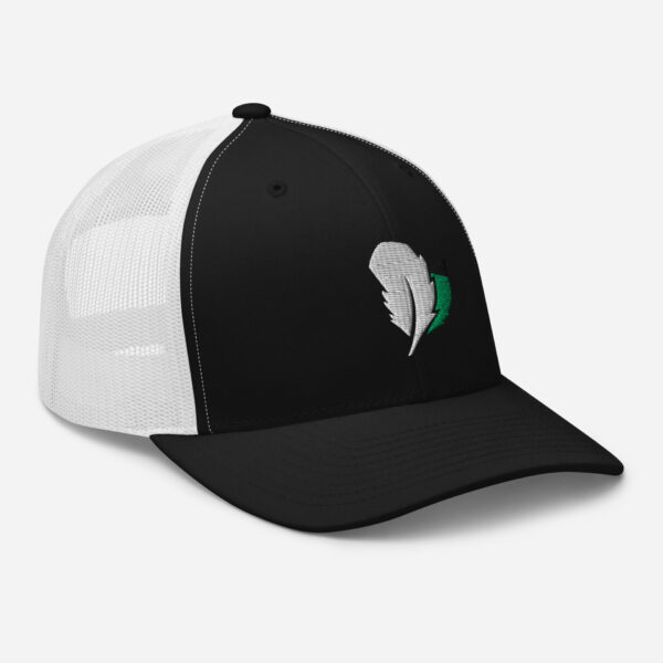 retro-trucker-hat-black-white-right-front-6827fdd5bee47.jpg Black cap with white mesh panel and feather logo.