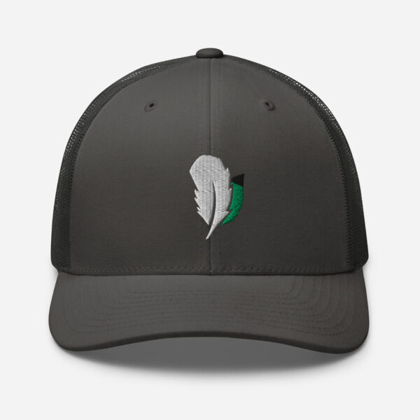 retro-trucker-hat-charcoal-front-6827fdd5c0086.jpg Gray cap with embroidered feather design