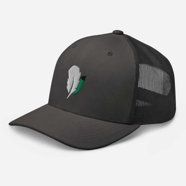 retro-trucker-hat-charcoal-left-front-6827fdd5c08e0.jpg Black mesh cap with feather logo design.