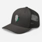 Black mesh cap with feather logo design.