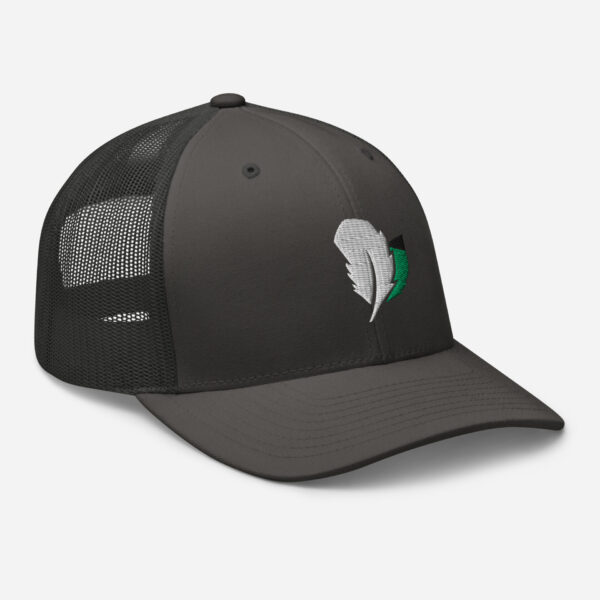 retro-trucker-hat-charcoal-right-front-6827fdd5c0e7d.jpg Gray mesh cap with feather logo design.