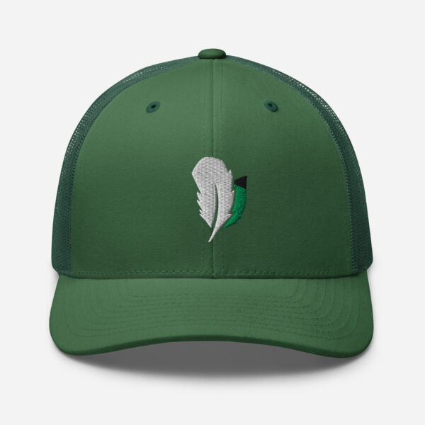 retro-trucker-hat-evergreen-front-6827fdd5c1269.jpg Green baseball cap with feather embroidery design.