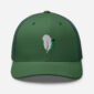 Green baseball cap with feather embroidery design.