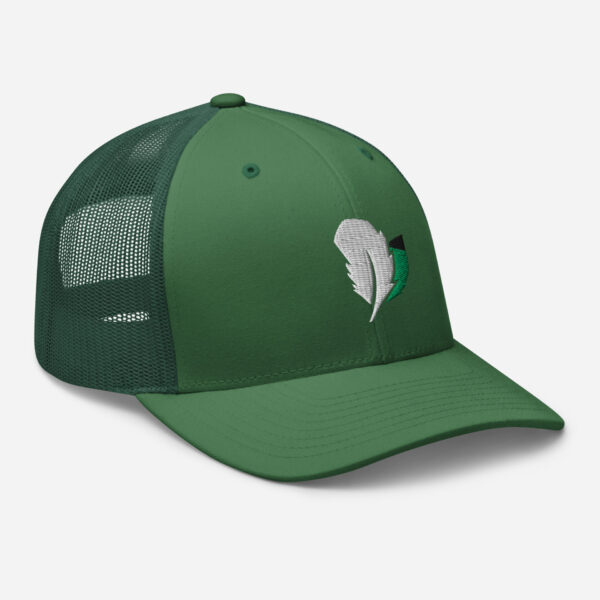 retro-trucker-hat-evergreen-right-front-6827fdd5c22a1.jpg Green cap with feather logo design
