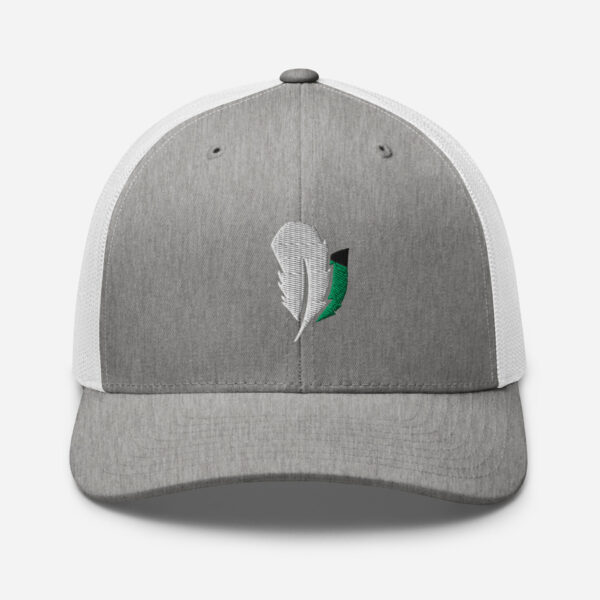 retro-trucker-hat-heather-grey-white-front-6827fdd5c26f5.jpg Gray cap with embroidered green feather design