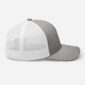 Gray and white mesh trucker cap side view.