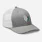 Gray mesh hat with feather embroidery.