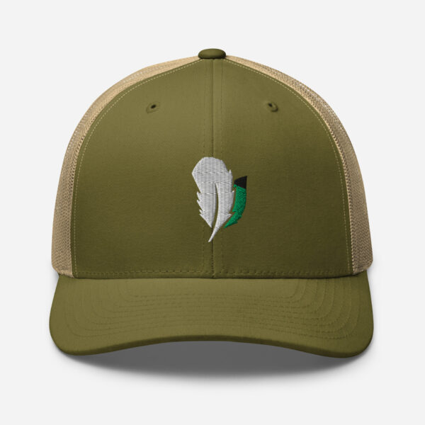 retro-trucker-hat-moss-khaki-front-6827fdd5c3ae6.jpg Olive green cap with feather embroidery
