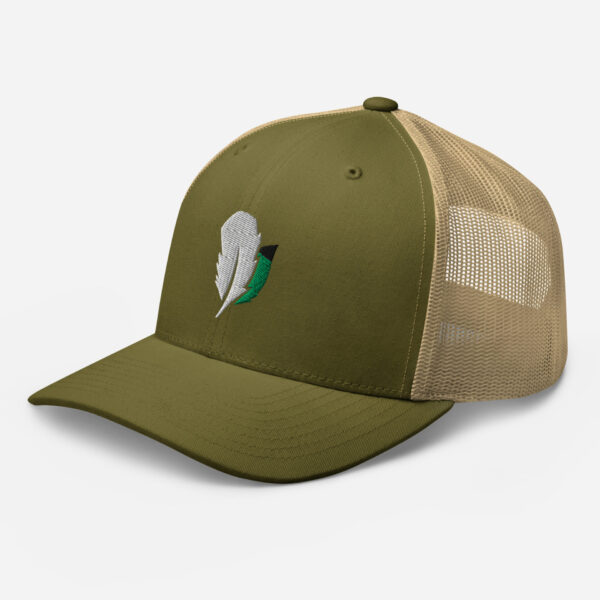 retro-trucker-hat-moss-khaki-left-front-6827fdd5c3f0a.jpg Olive trucker hat with feather design.