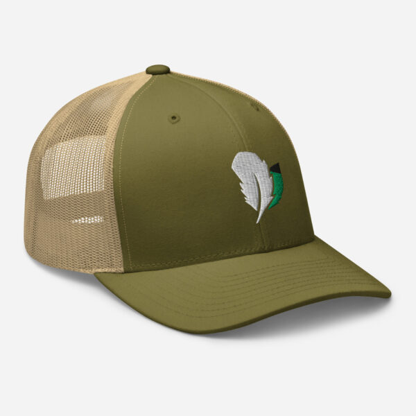 retro-trucker-hat-moss-khaki-right-front-6827fdd5c4358.jpg Olive trucker hat with feather logo design.