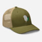 Olive trucker hat with feather logo design.