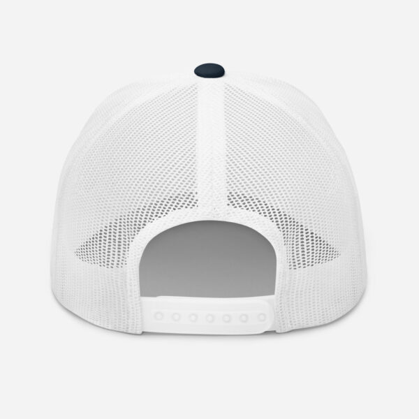 retro-trucker-hat-navy-white-back-6827fdd5bf12a.jpg Back view of white mesh trucker hat