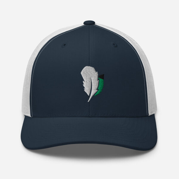 retro-trucker-hat-navy-white-front-6827fdd5bf383.jpg Navy cap with white feather logo design