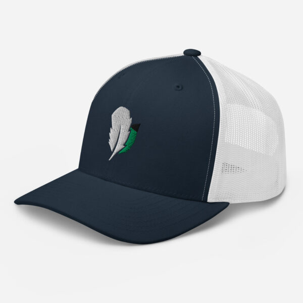 retro-trucker-hat-navy-white-left-front-6827fdd5bf847.jpg Blue and white mesh cap with feather emblem.