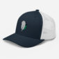 Blue and white mesh cap with feather emblem.