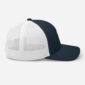 Blue and white mesh baseball cap, side view.