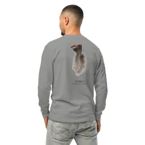 Man wearing shirt with turkey feather design