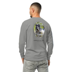 Man wearing Labrador Retriever graphic long-sleeve shirt.