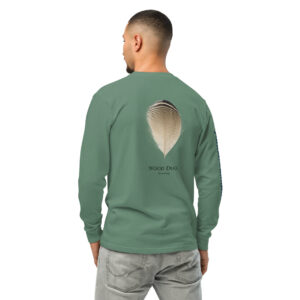 Back of green shirt with wood duck feather design.