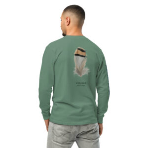 Man wearing green Chukar feather shirt.