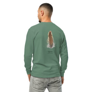 Green shirt with quail feather design on back.