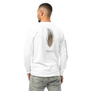 Man wearing white shirt with pheasant feather design.