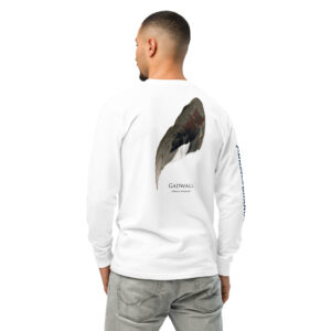 Man wearing white shirt with bird wing design
