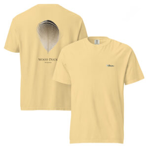 Yellow t-shirt with wood duck feather design.