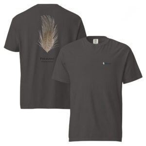 Gray t-shirt with pheasant feather design.