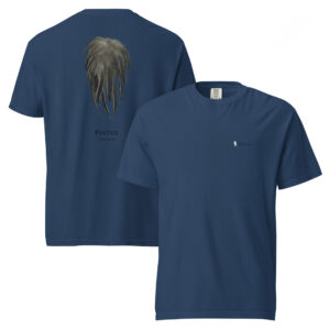 Navy blue shirt with pintail feather design.