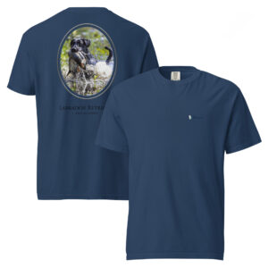 Blue shirt with Labrador Retriever design.
