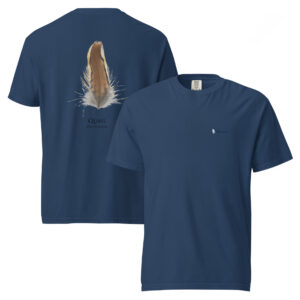 unisex-garment-dyed-heavyweight-t-shirt-true-navy-front-and-back-6827ed0dbc594.jpg Navy t-shirt with quail feather design