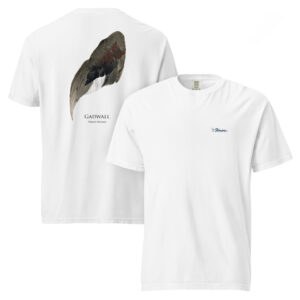 White t-shirt with gadwall duck wing design.