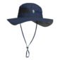 Blue wide-brimmed hat with chin strap.