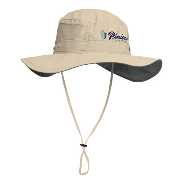 Wide-brim beige outdoor hat with chin strap
