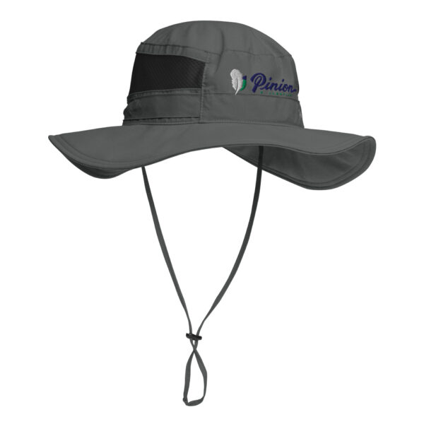columbia-booney-hat-grill-front-687013765e64f.jpg Gray wide-brim hat with chin strap.