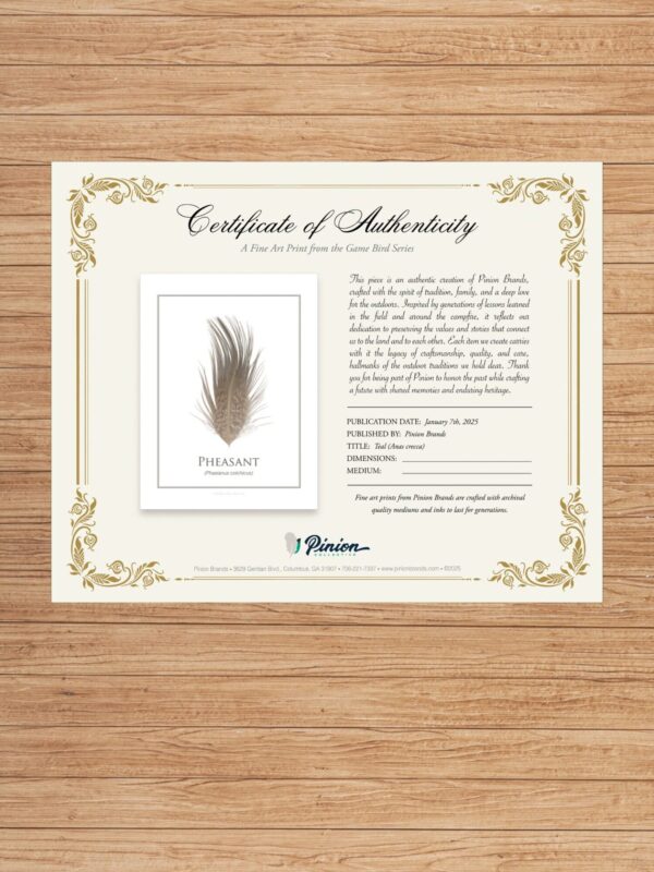 pinionPheasantCertAuth Certificate of Authenticity with pheasant feather print.