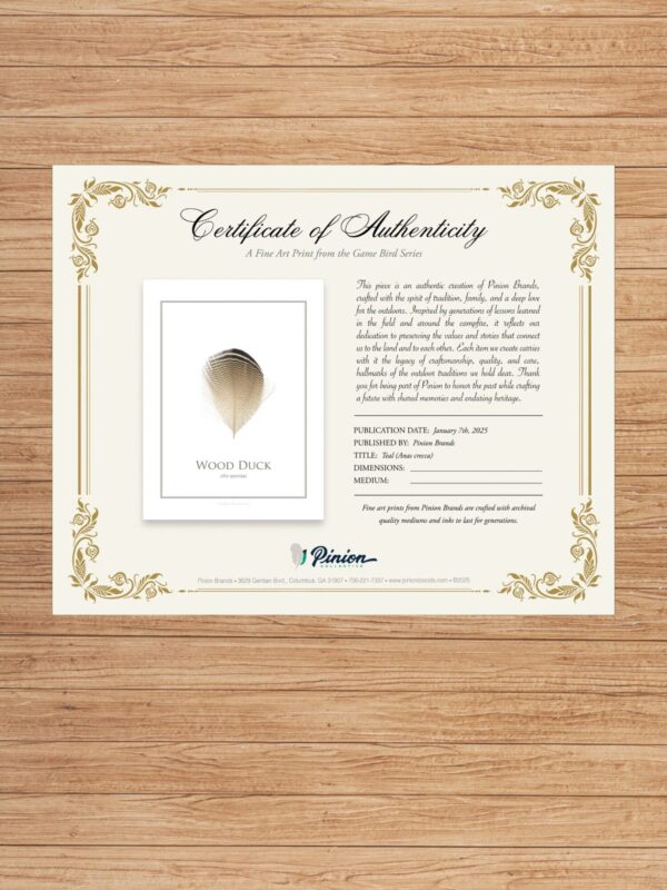 pinionWoodDuckCertAuth Certificate of authenticity for art print on wood.